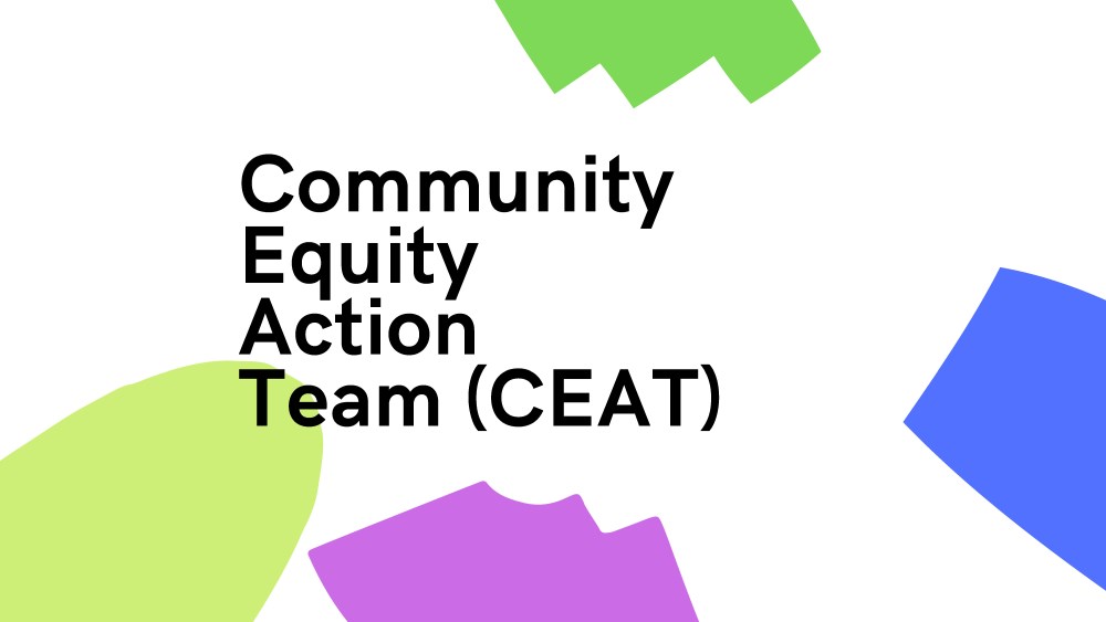 Community Equity Action Team banner with multicoloured shapes