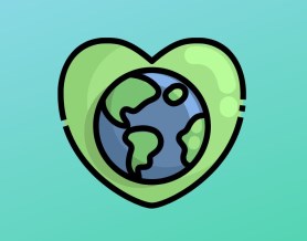 Globe surrounded by green heart