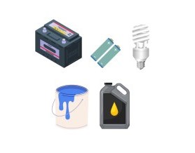 Illustration of a car battery, two AA batteries, a fluorescent light bulb, a paint can and a container of motor oil.