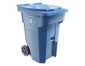 Large blue recycling cart on wheels
