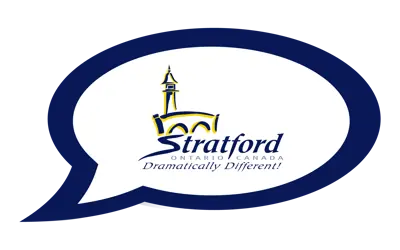 Speech bubble with City of Stratford logo inside