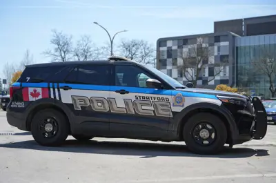 Parked police cruiser with Stratford Police printed on the side
