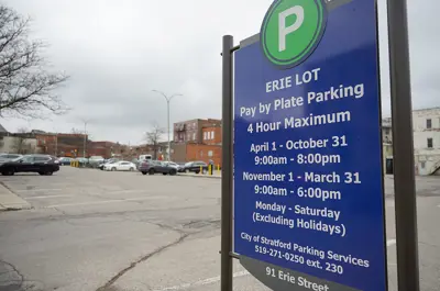 Blue and green parking sign in a public parking lot