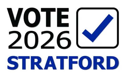 2026 municipal election logo with VOTE 2026 STRATFORD and a checkmark in a box