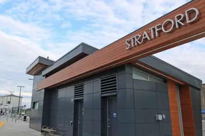 Transit terminal with a sign reading STRATFORD