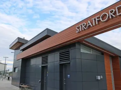 Transit terminal with a sign reading STRATFORD
