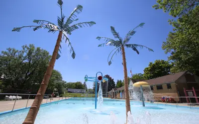 An outdoor swimming pool with a water buckets and artificial palm trees.